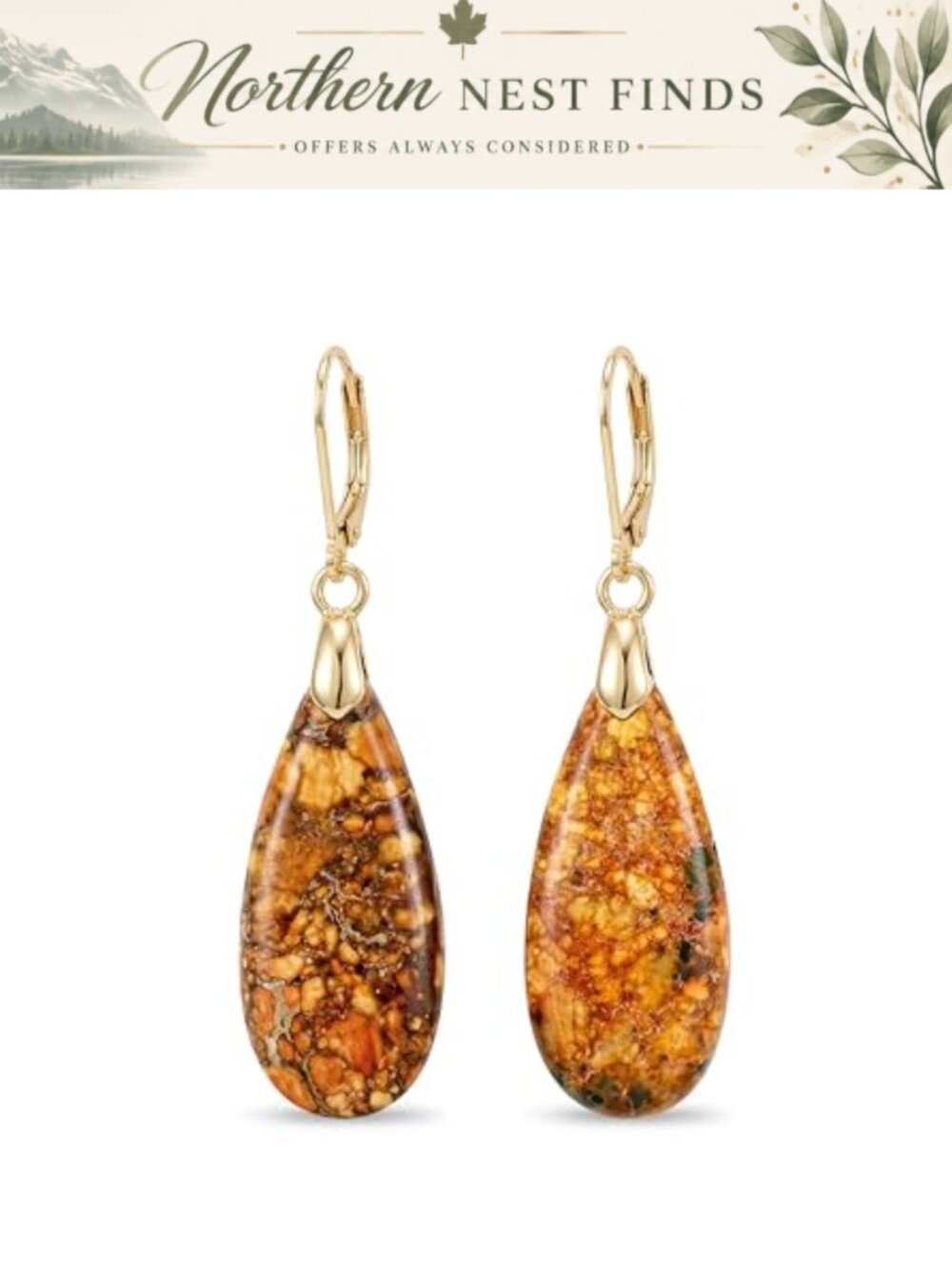 Teardrop Stone Leverback Dangle Drop Earrings Statement Gold